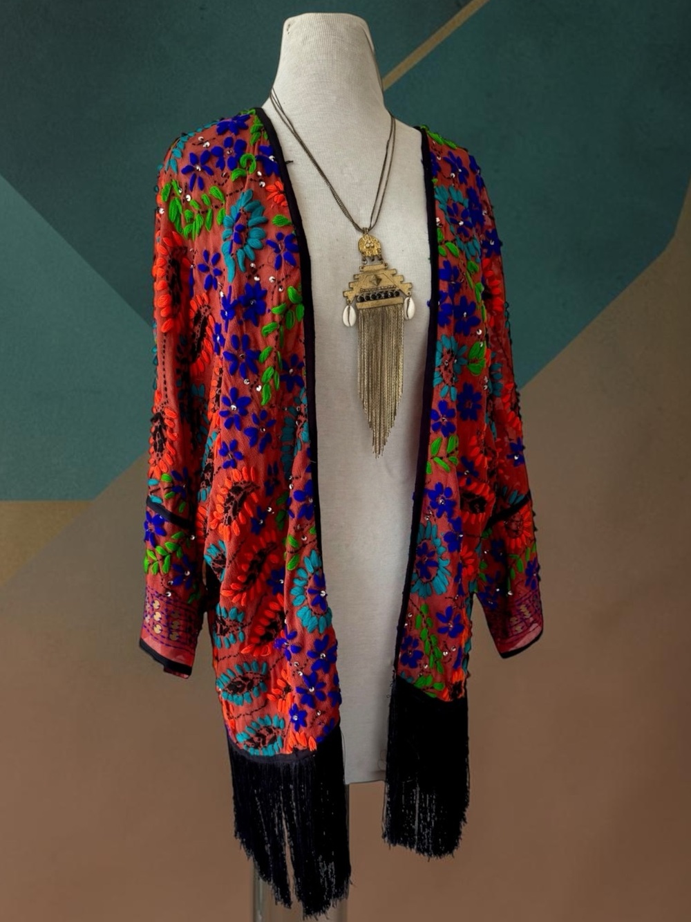 Vtg Miss June Paris Hand Embroidered Sequin Fringe Kimono Top OS Cover Up Y2k